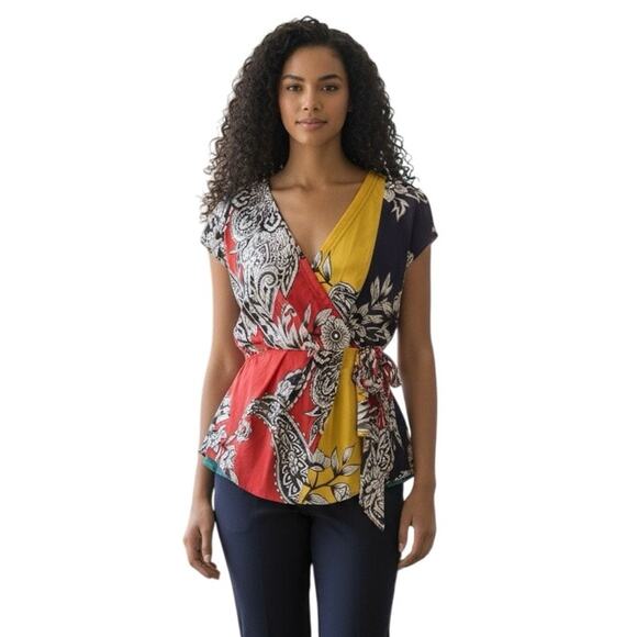 Baraschi Anthropologie Wrap Blouse Red Yellow Navy Paisley Womens Small - Picture 3 of 4
